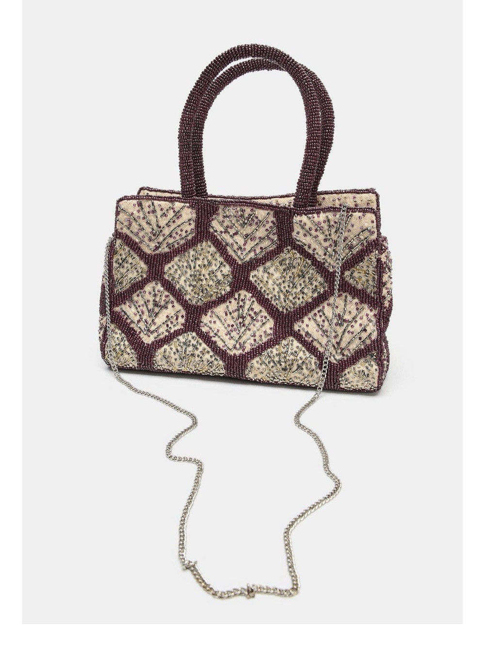 Zara Beaded Shoulder Bag in Plum and Cream